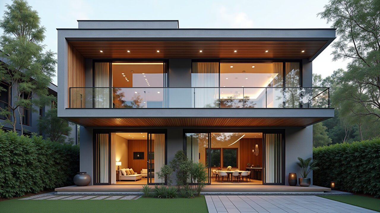Facade of a two-story house with double height ceiling, integrated balcony, cozy design, natural Fachada de sobrado com pé direito duplo e varanda integrada charmosa.