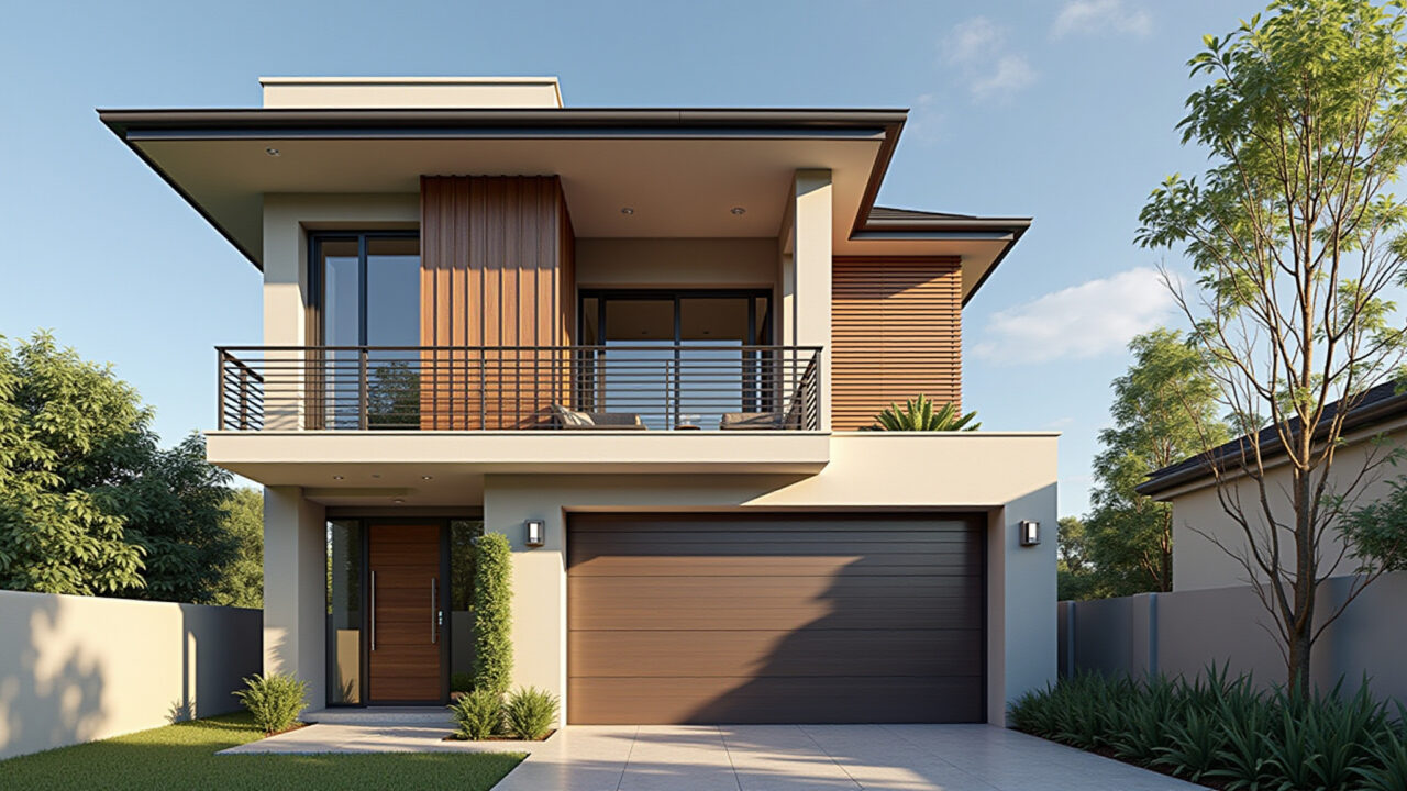 Facade of a two-story house with double height ceiling, metal details, modern design, natural Fachada de sobrado com pé direito duplo e detalhes em metal modernos.