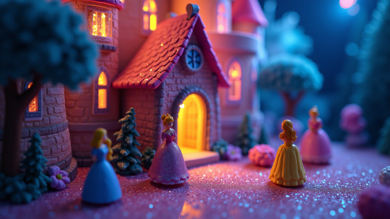 Diorama de conto de fadas com castelo encantado.