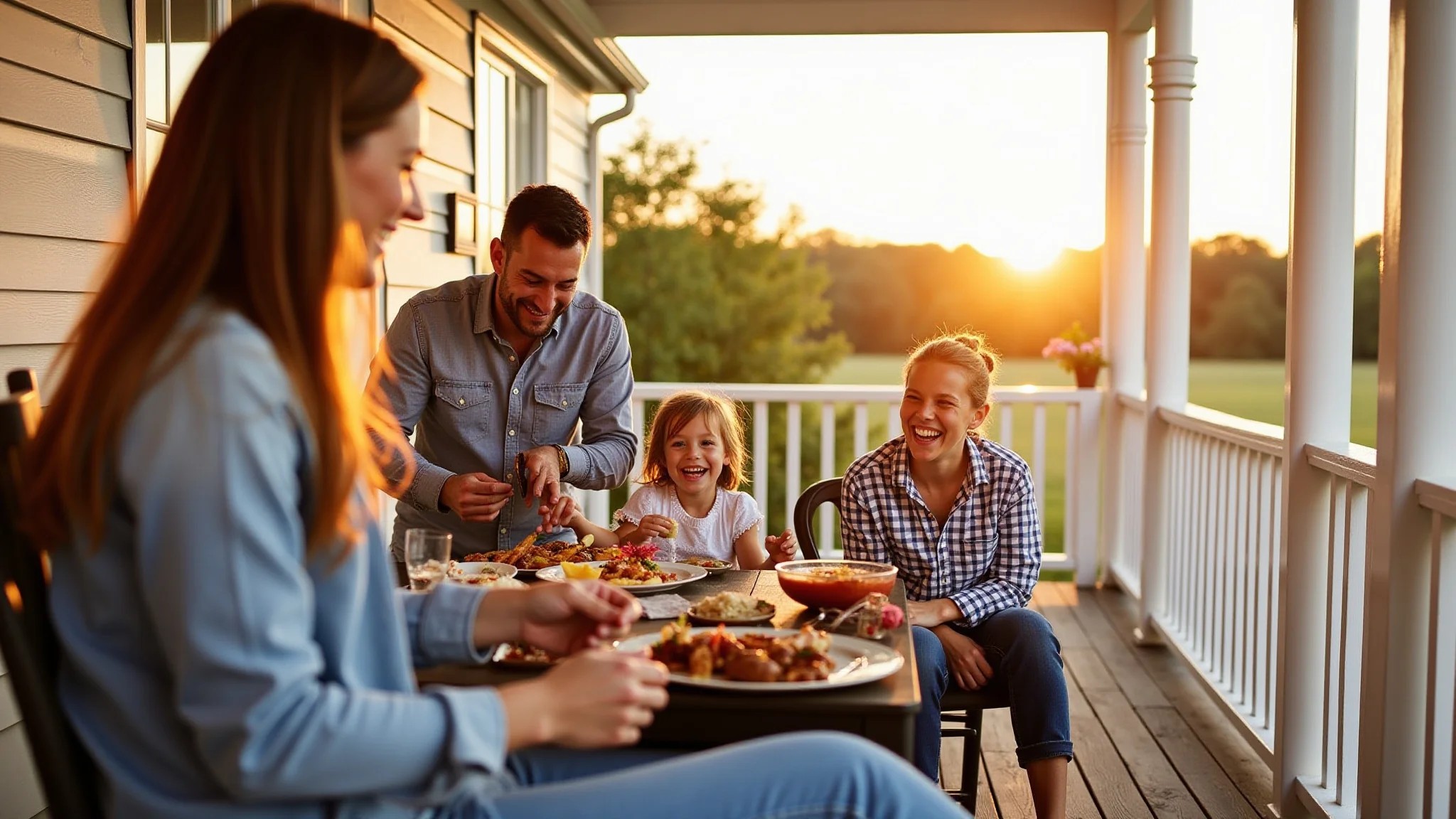 Família reunida fazendo churrasco na varanda de casa de campo.