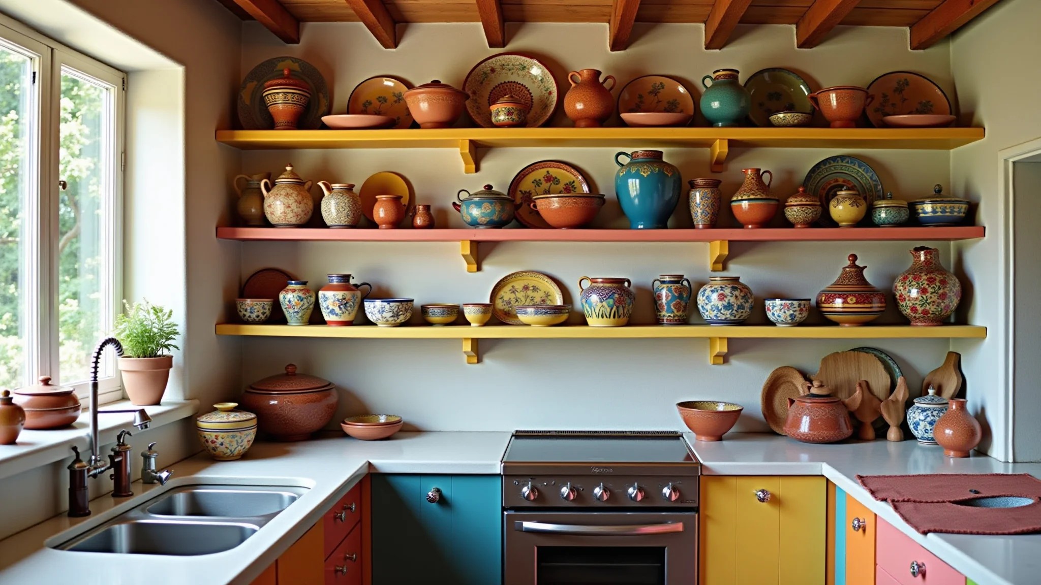 Cozinha estilo Farm Rio com prateleiras coloridas exibindo cerâmica artesanal.