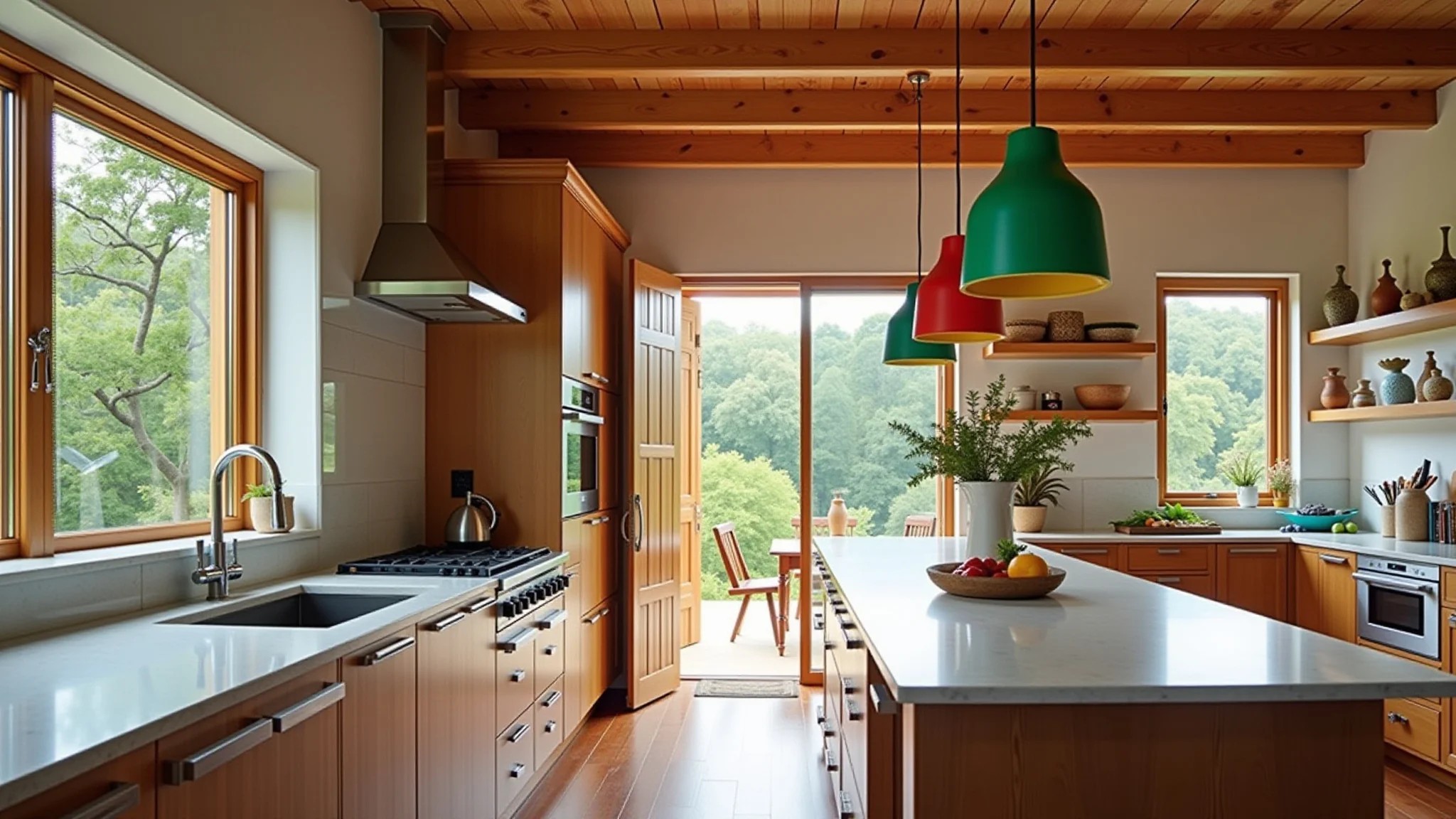 Cozinha estilo Farm Rio com pendentes coloridos e decoração vibrante brasileira.