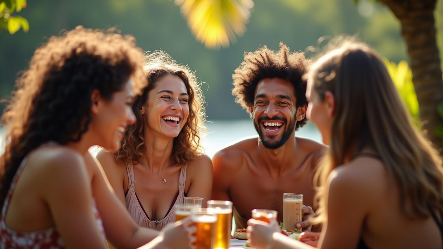 Amigos brasileiros reunidos em churrasco, rindo e celebrando.