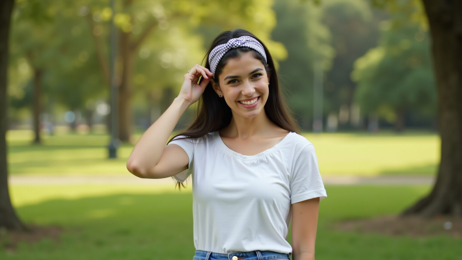 Mulher sorrindo usando tiara de nó no cabelo em parque ensolarado.