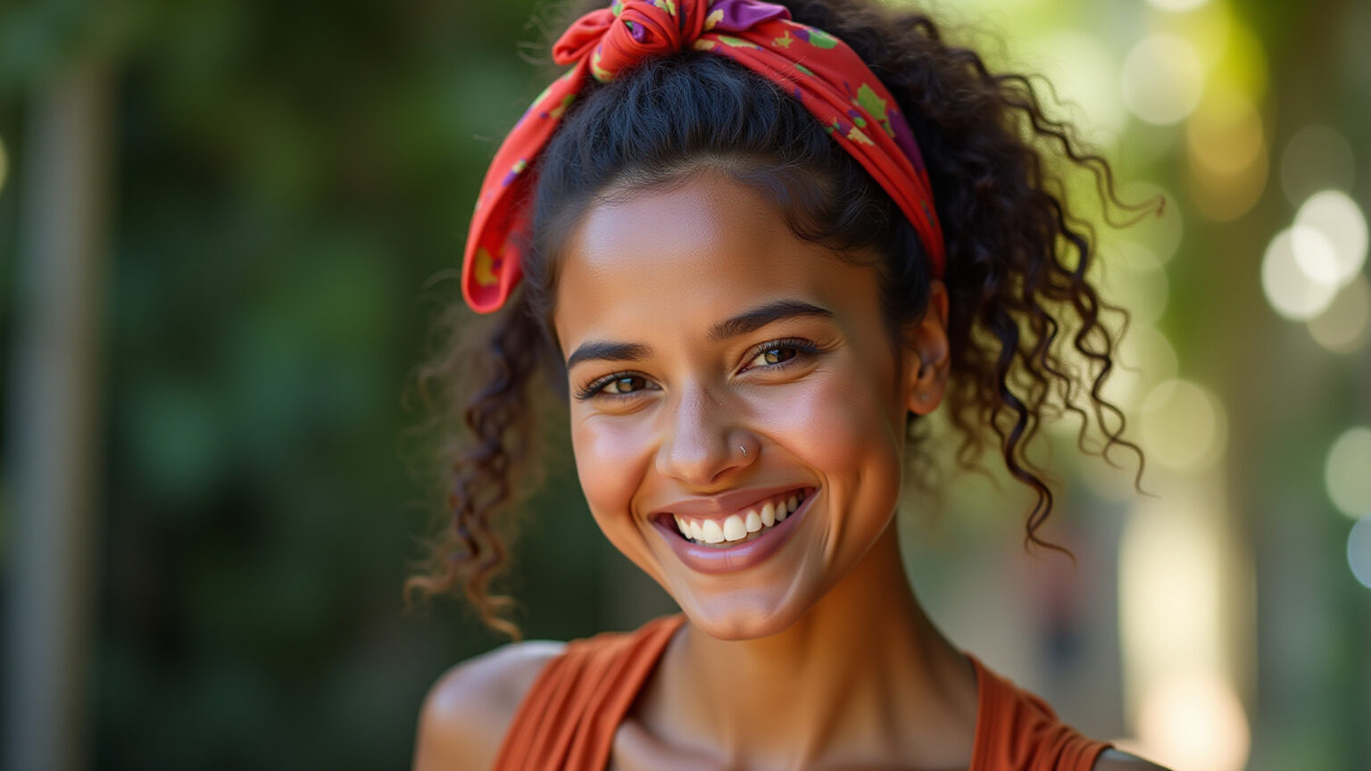 Mulher brasileira sorrindo com penteado preso estiloso e lenço colorido.