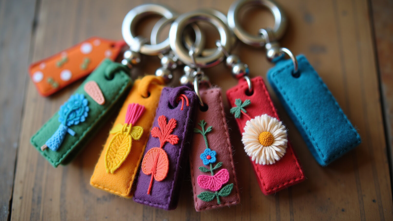 Chaveiros artesanais coloridos de feltro, resina e macramê.
