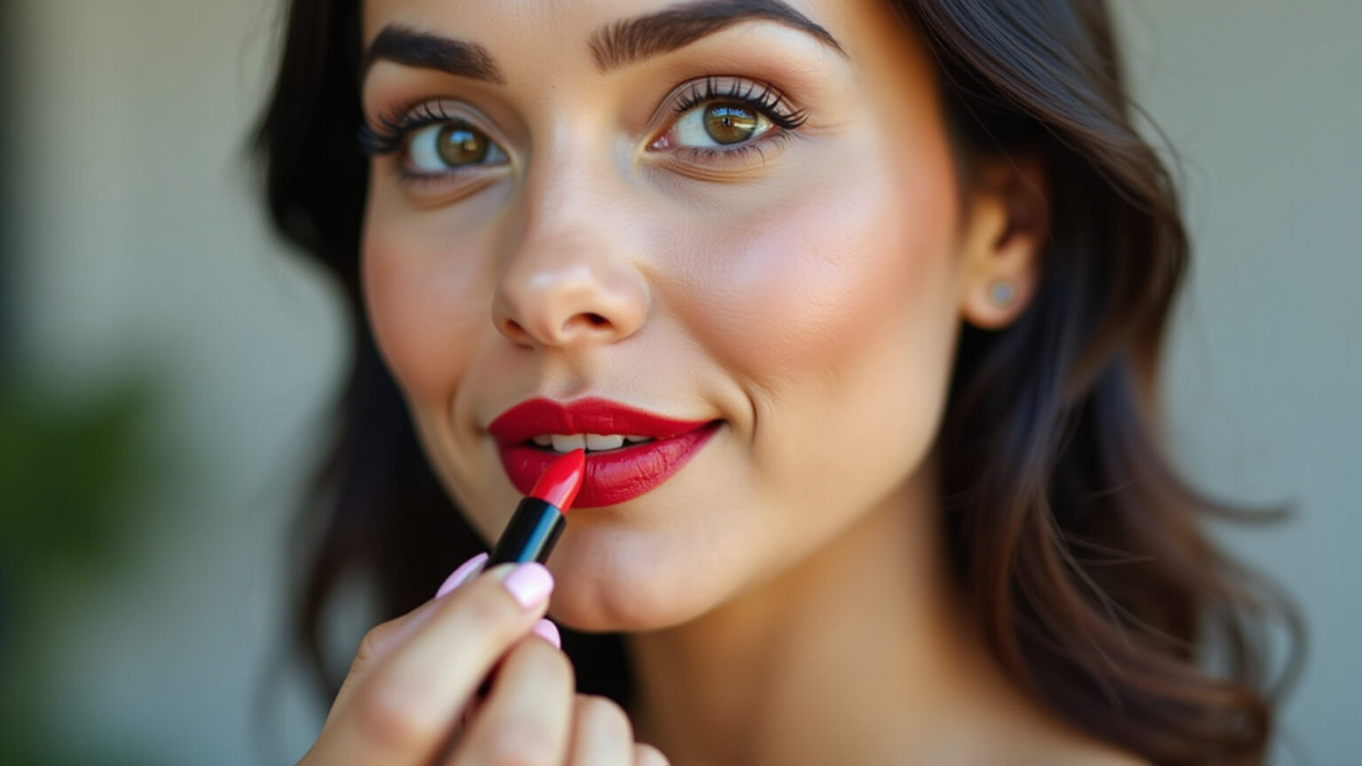 Mulher latina aplicando batom vermelho com confiança.