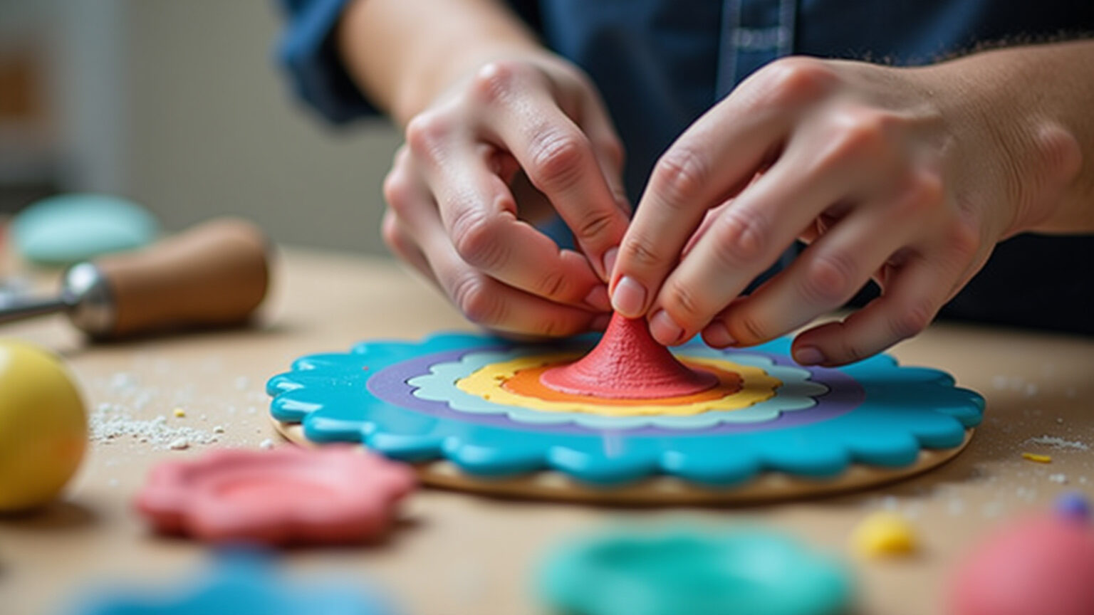 Mãos modelando cerâmica fria colorida.