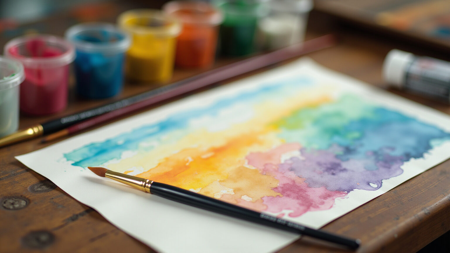 Materiais básicos de aquarela dispostos em mesa de madeira.