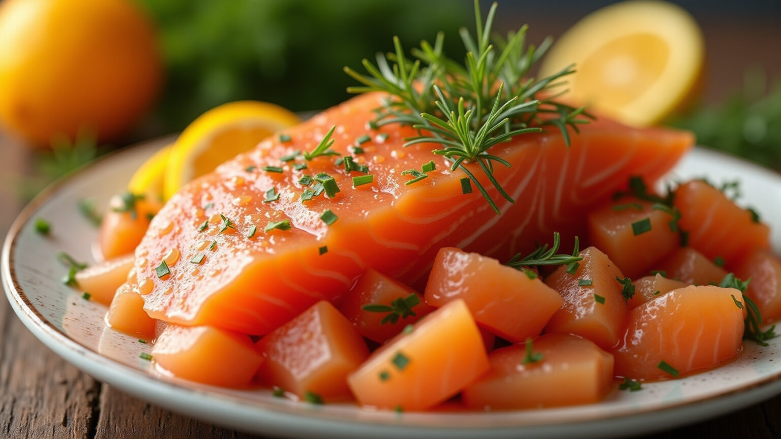 O que é Crudo: O Prato Fresco e Sofisticado Que Vai Te Conquistar Neste Verão Crudo de Salmão com Laranja e Dill, prato fresco e vibrante.