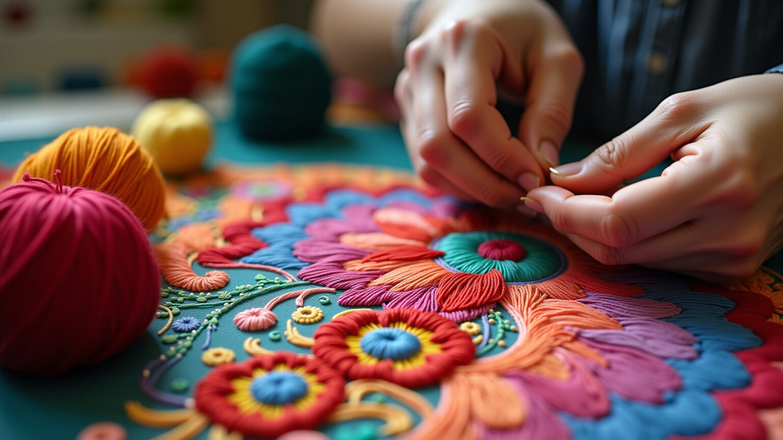 Bordado livre vibrante com mãos criando flores coloridas.