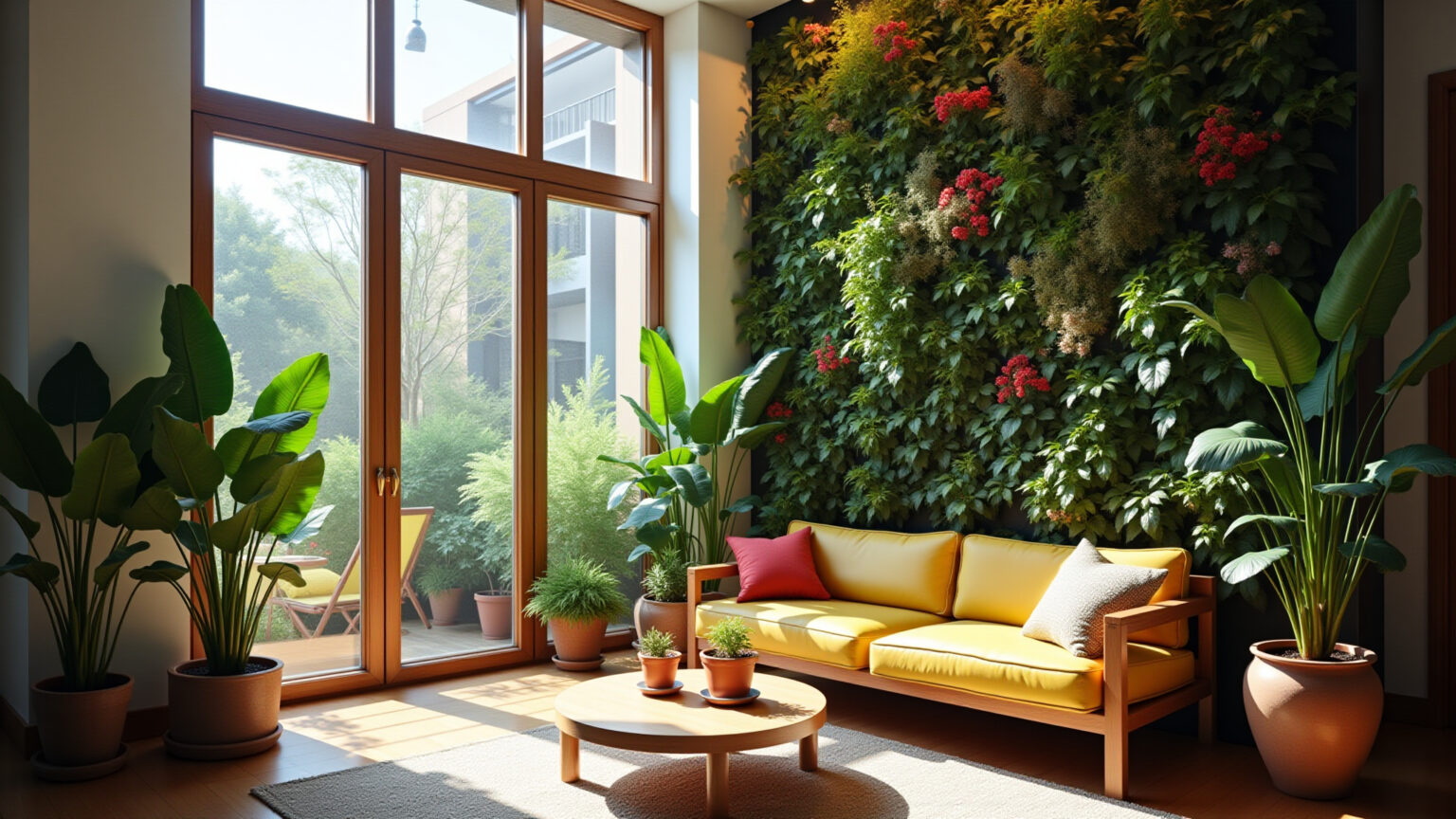 Jardim vertical exuberante em apartamento moderno com diversas plantas.