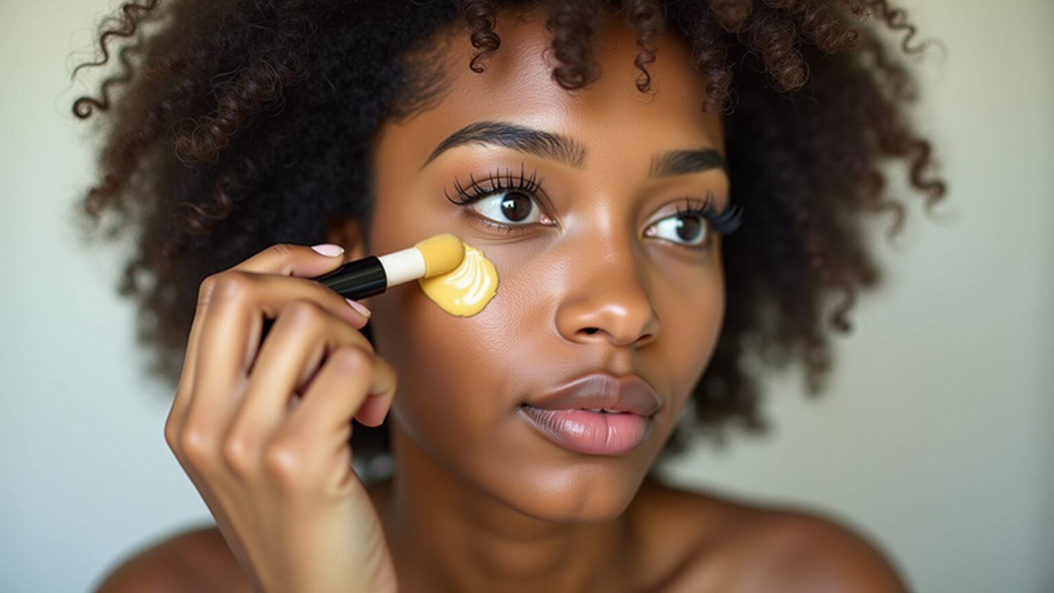 Como Dominar a Arte do Corretivo para Olheiras e Dizer Adeus ao Cansaço no Rosto Mulher aplicando corretivo amarelo para olheiras roxas.
