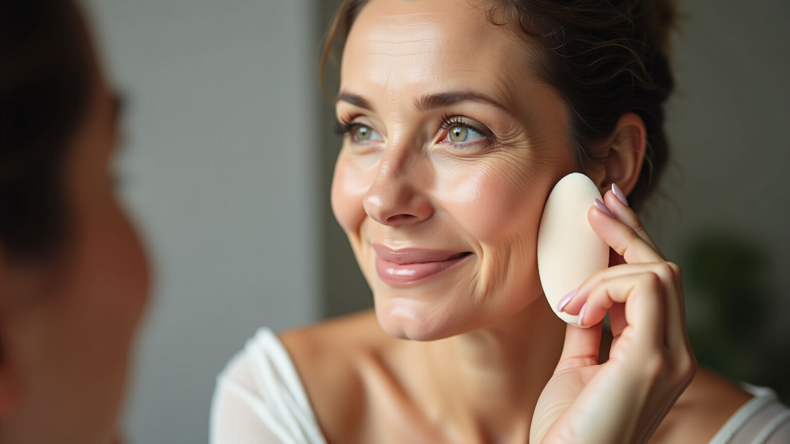Mulher madura aplicando base leve para pele radiante.