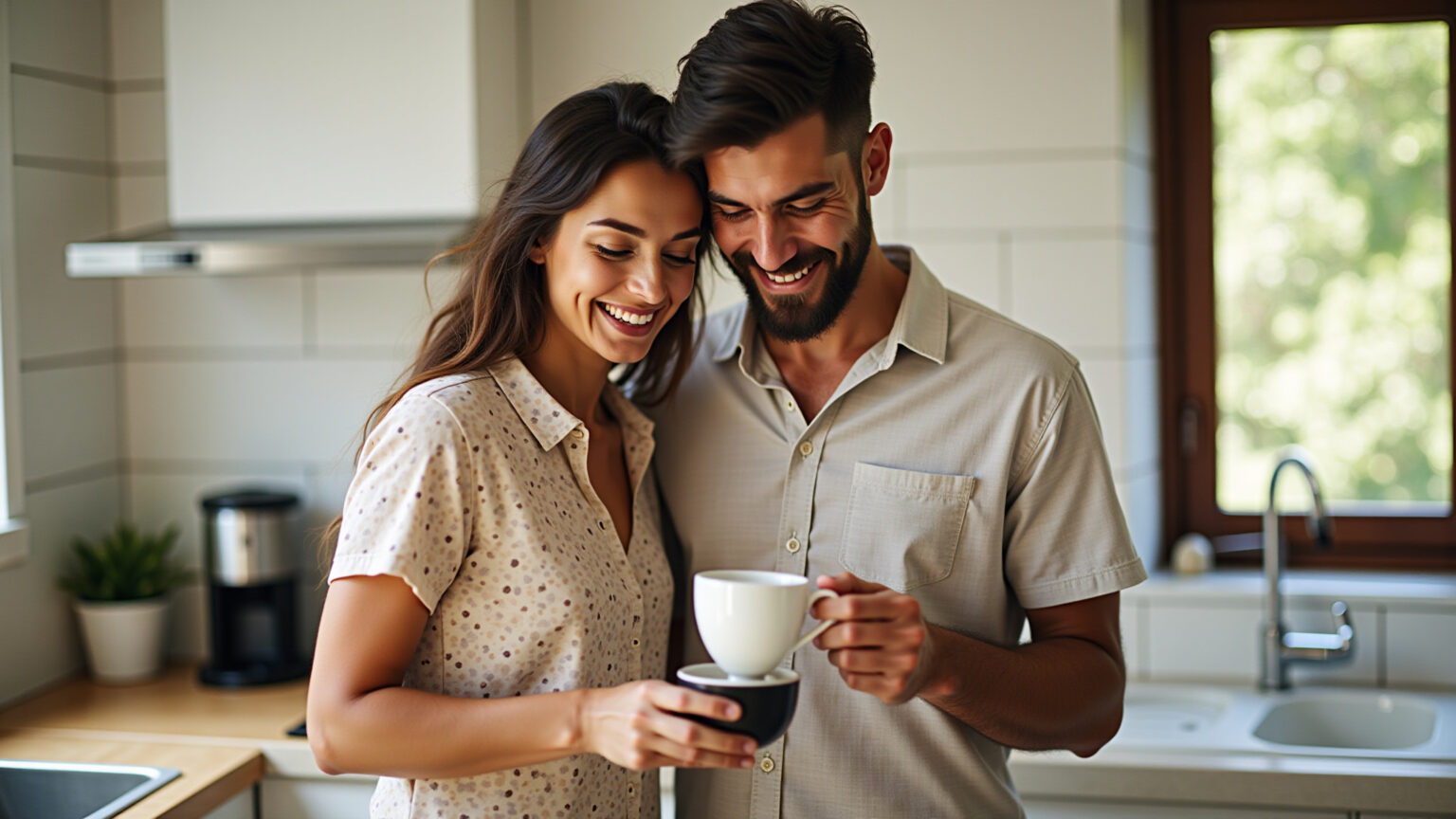 Casal sorrindo e preparando café da manhã em cozinha ensolarada.
