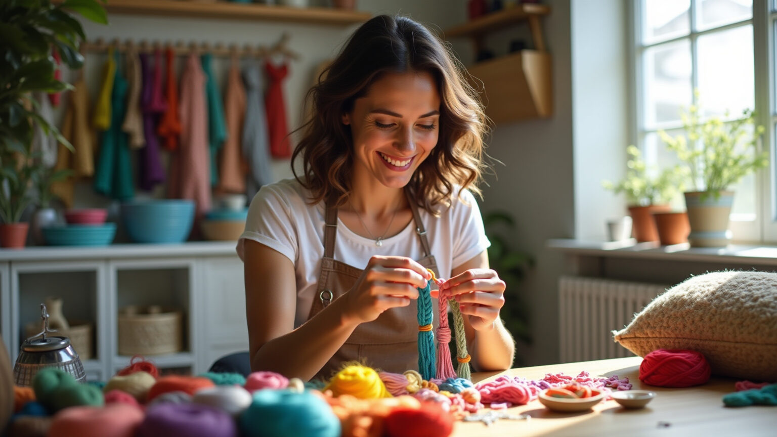 Mulher sorrindo faz chaveiros de macramê coloridos em oficina iluminada.