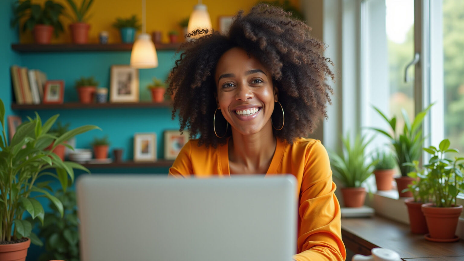 Home office feminino vibrante com decoração brasileira e iluminação natural.