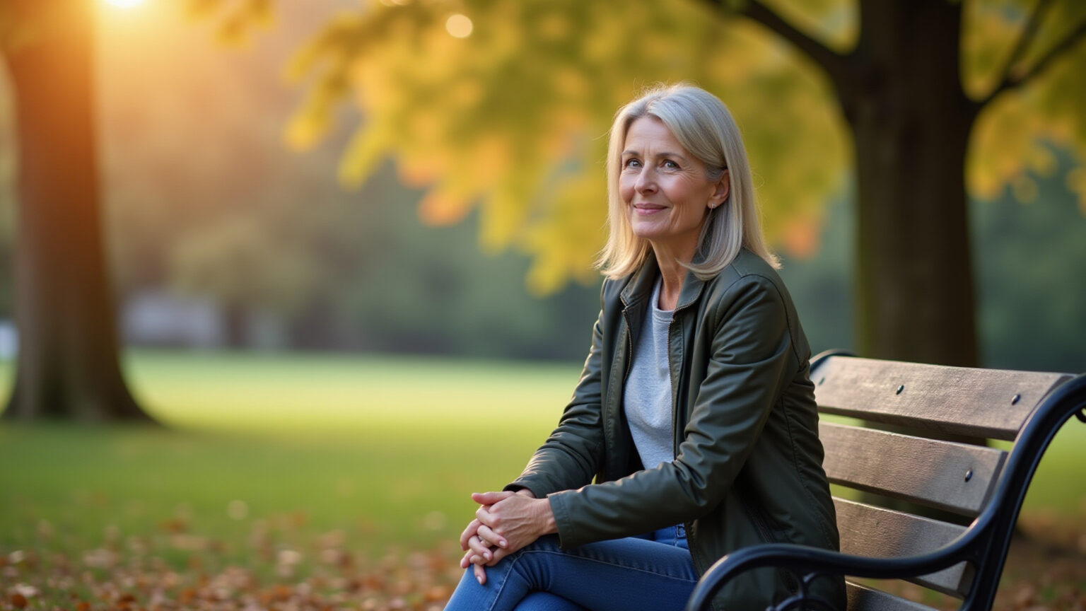 Mulher sentada sozinha em um banco de parque, pensativa.