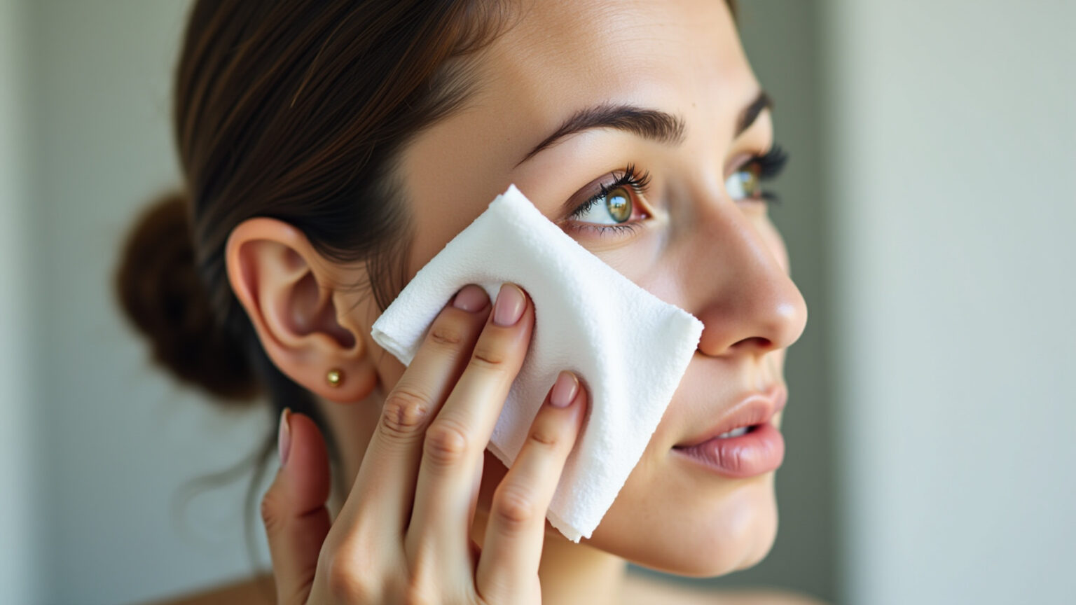 Mulher limpando o rosto com lenço umedecido, expressão preocupada.