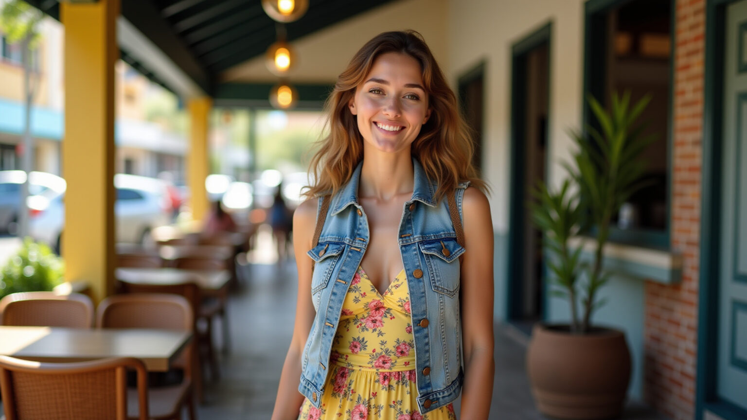 Mulher com vestido floral e colete jeans curto em café ensolarado.