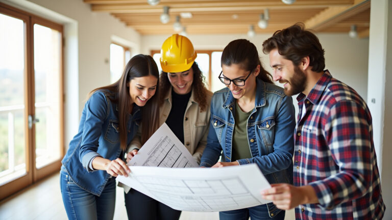 Equipe diversa colaborando em reforma residencial.