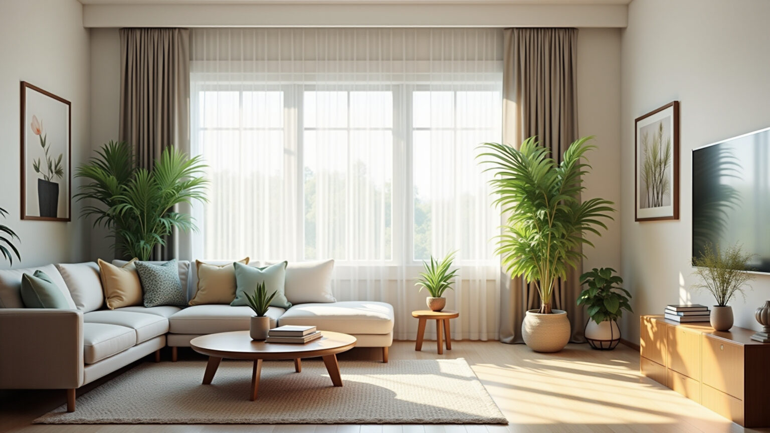 Como fazer feng shui na sala? Sala de estar com design Feng Shui, equilibrada e com plantas.