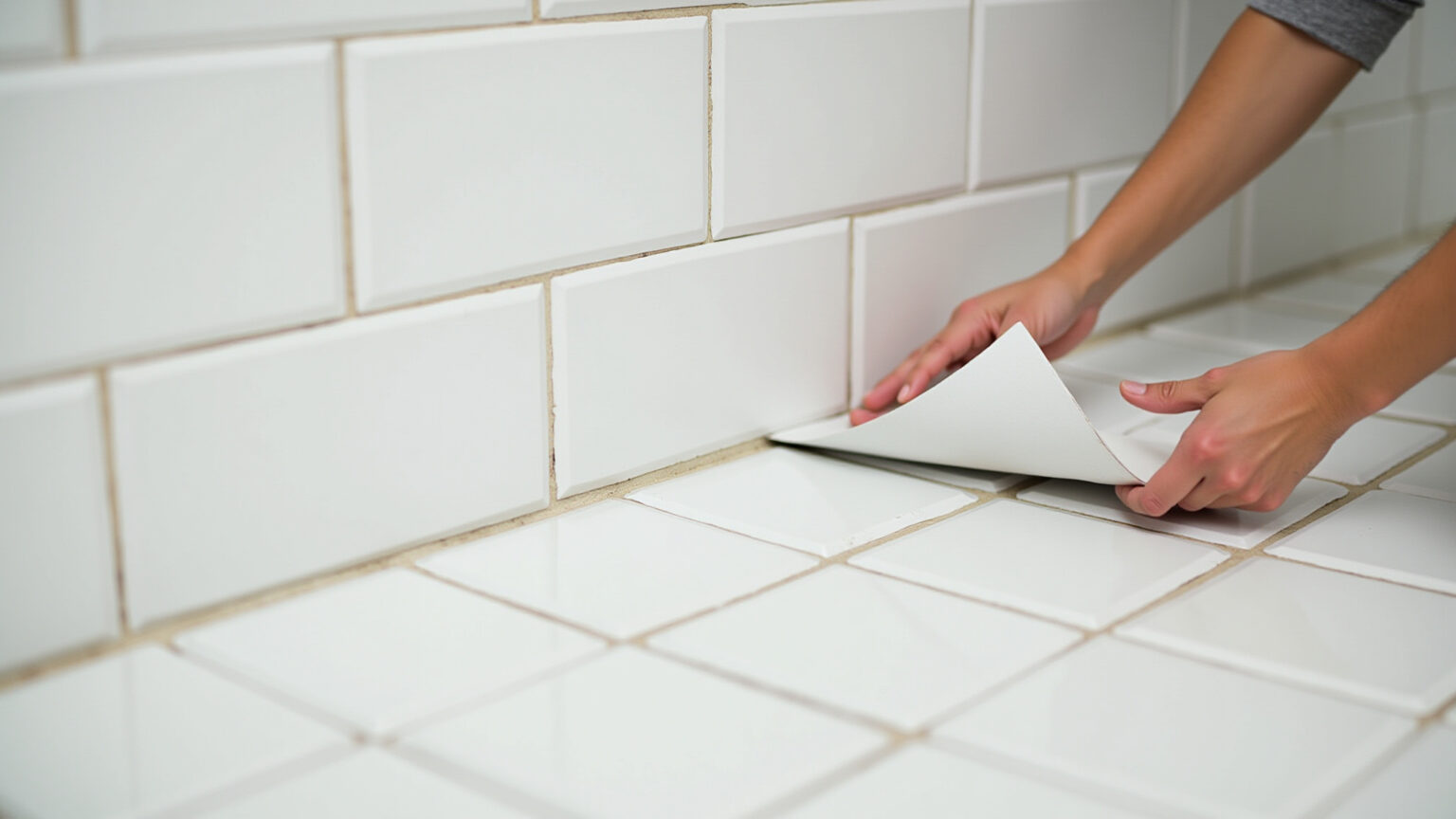 Aplicação de pastilhas adesivas em banheiro branco, DIY.