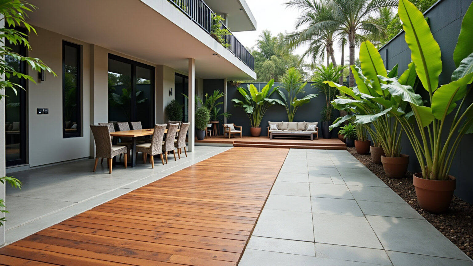 Pátio brasileiro moderno com diferentes tipos de pisos externos.