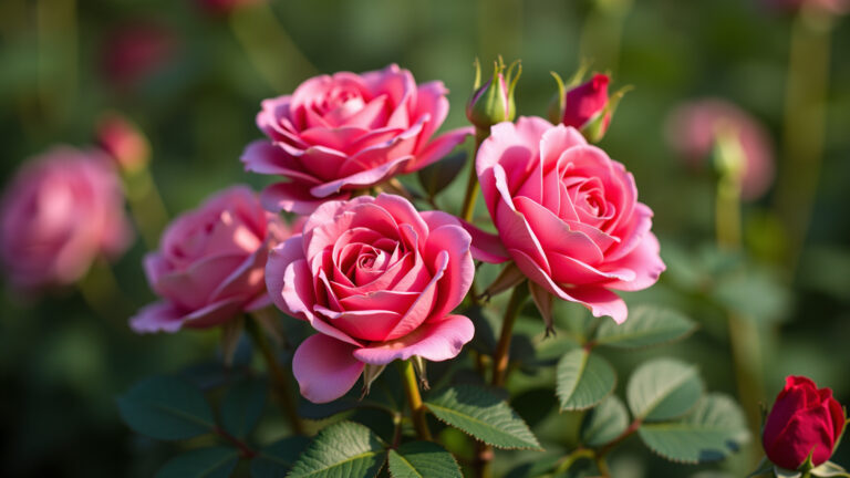 Rosas cor de rosa vibrantes em um jardim exuberante.