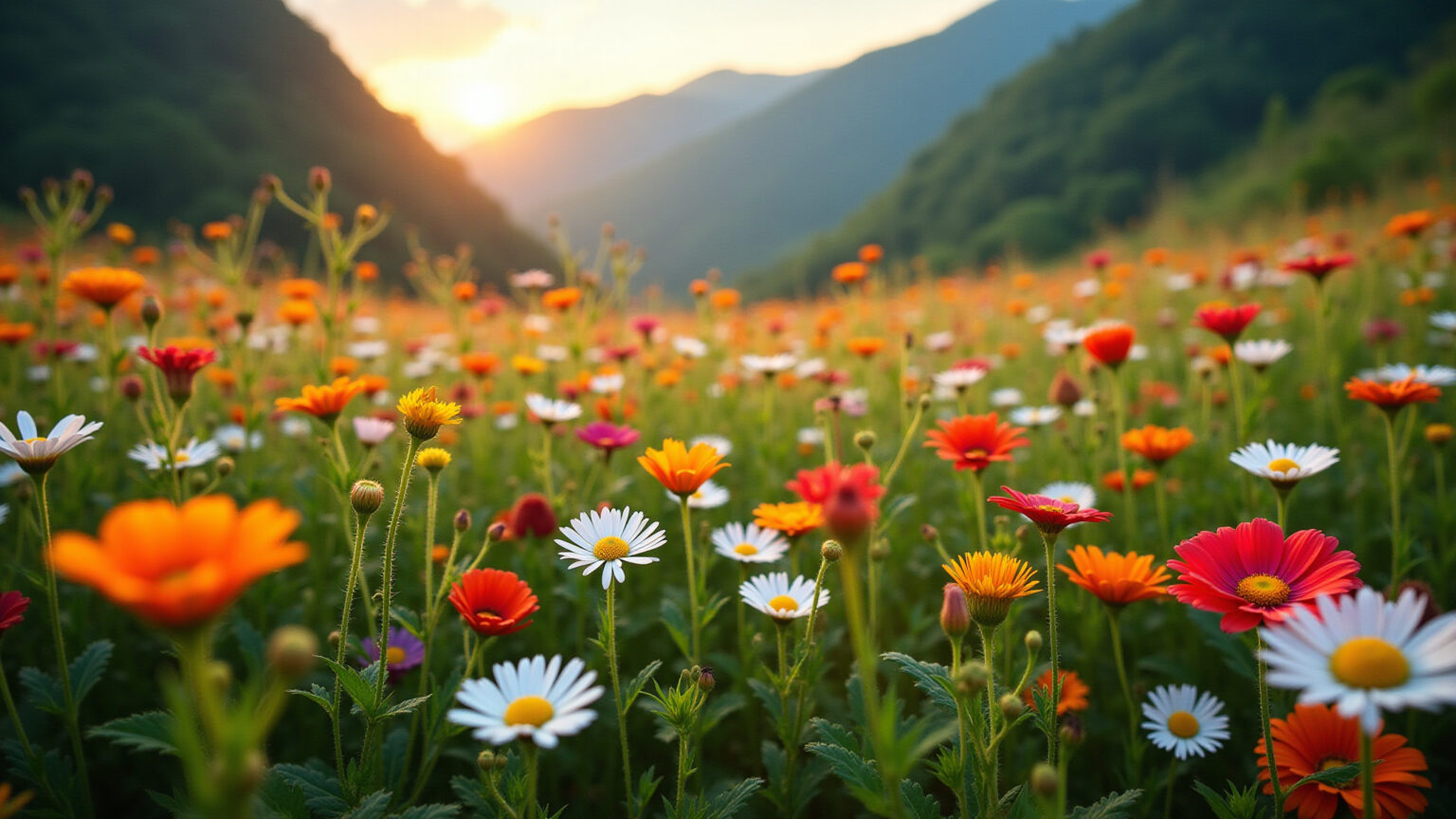 Campo florido com diversas flores do campo coloridas.