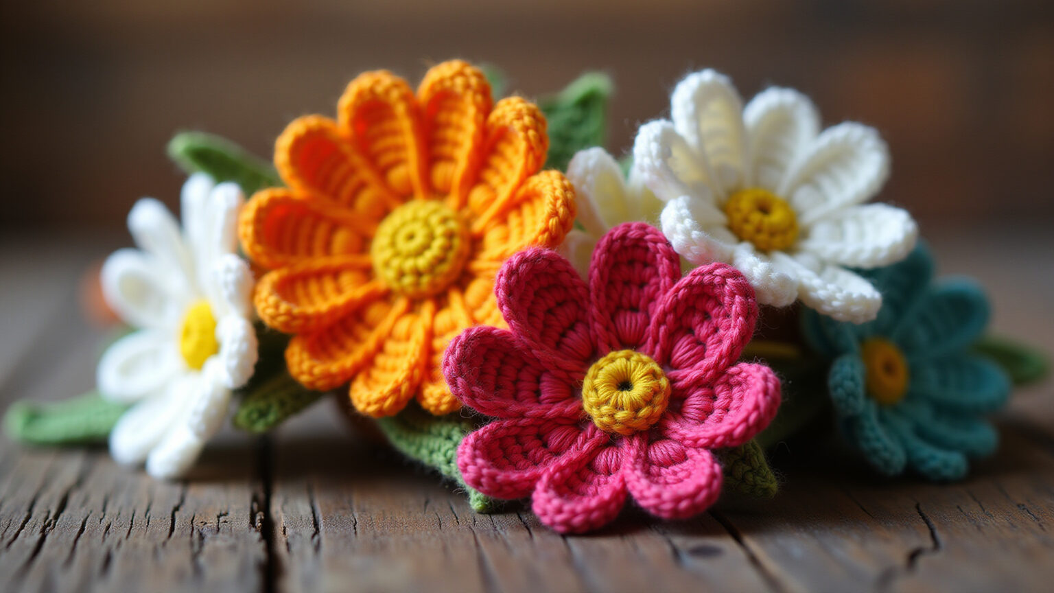 Ideias de Flores Margarida de Crochê: Uma Explosão de Cor e Criatividade para Seu Lar Arranjo artístico de margaridas de crochê coloridas sobre mesa de madeira rústica.