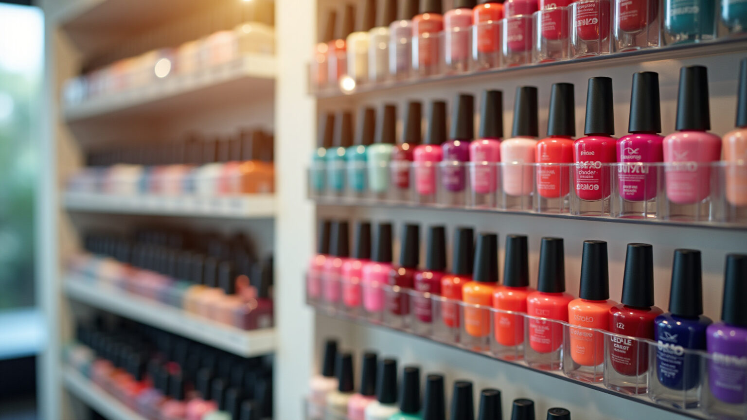 Dicas Infalíveis para Organizar Seus Esmaltes e Deixar Seu Salão Impecável Salão de beleza brasileiro vibrante com prateleiras organizadas de esmaltes coloridos.