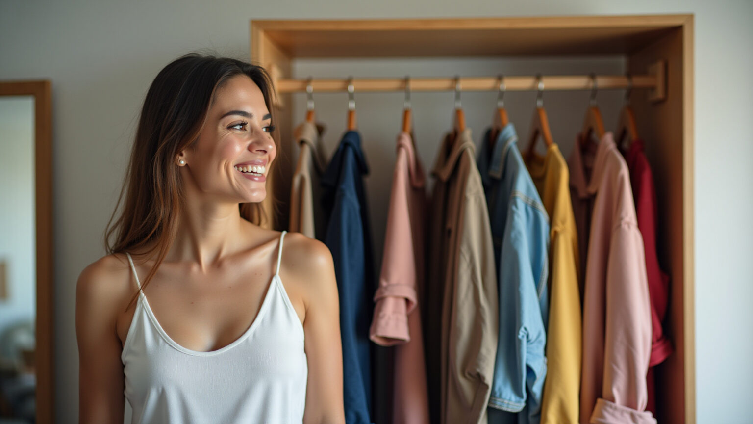 Mulher brasileira sorrindo, combinando roupas do guarda-roupa com confiança.