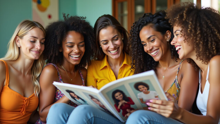 Mulheres brasileiras diversas discutindo estilos de moda.