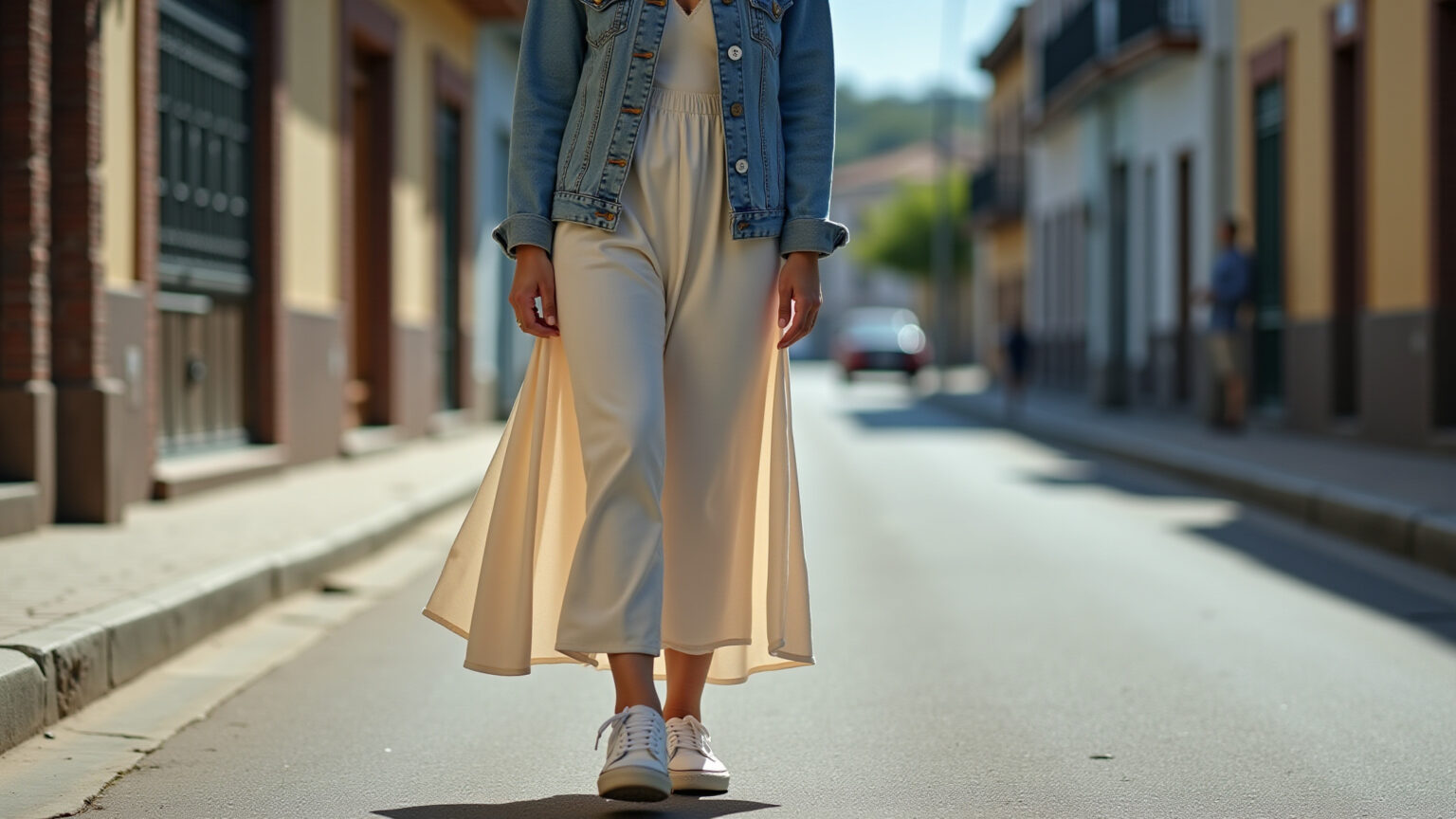 Mulher estilosa com vestido longo de algodão, jaqueta jeans e tênis branco em cenário urbano.