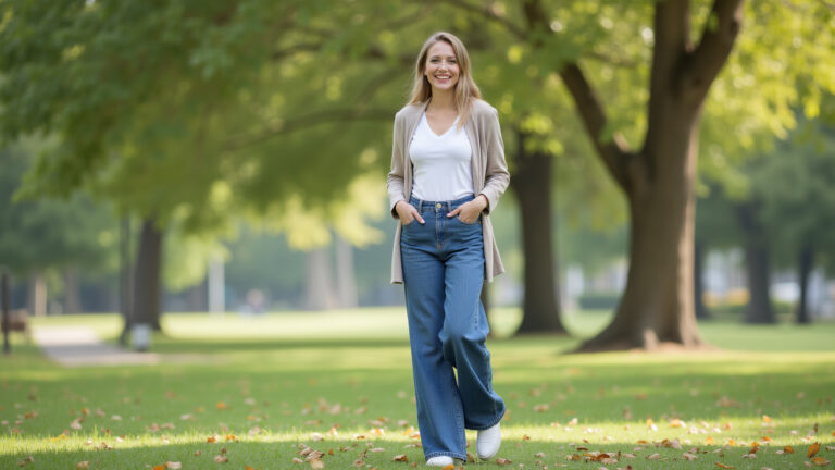 Mulher sorrindo com calça pantalona jeans e blazer em parque.