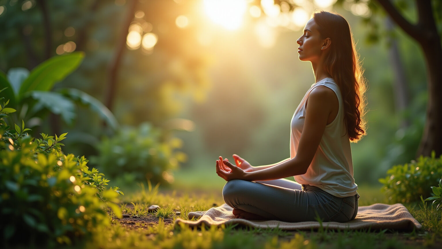 O Que É a Lei do Ritmo e Como Ela Pode Transformar Sua Vida? Mulher meditando em jardim exuberante, em paz com a natureza.