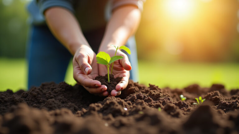 Mãos plantando sementes, simbolizando a Lei da Causa e Efeito.