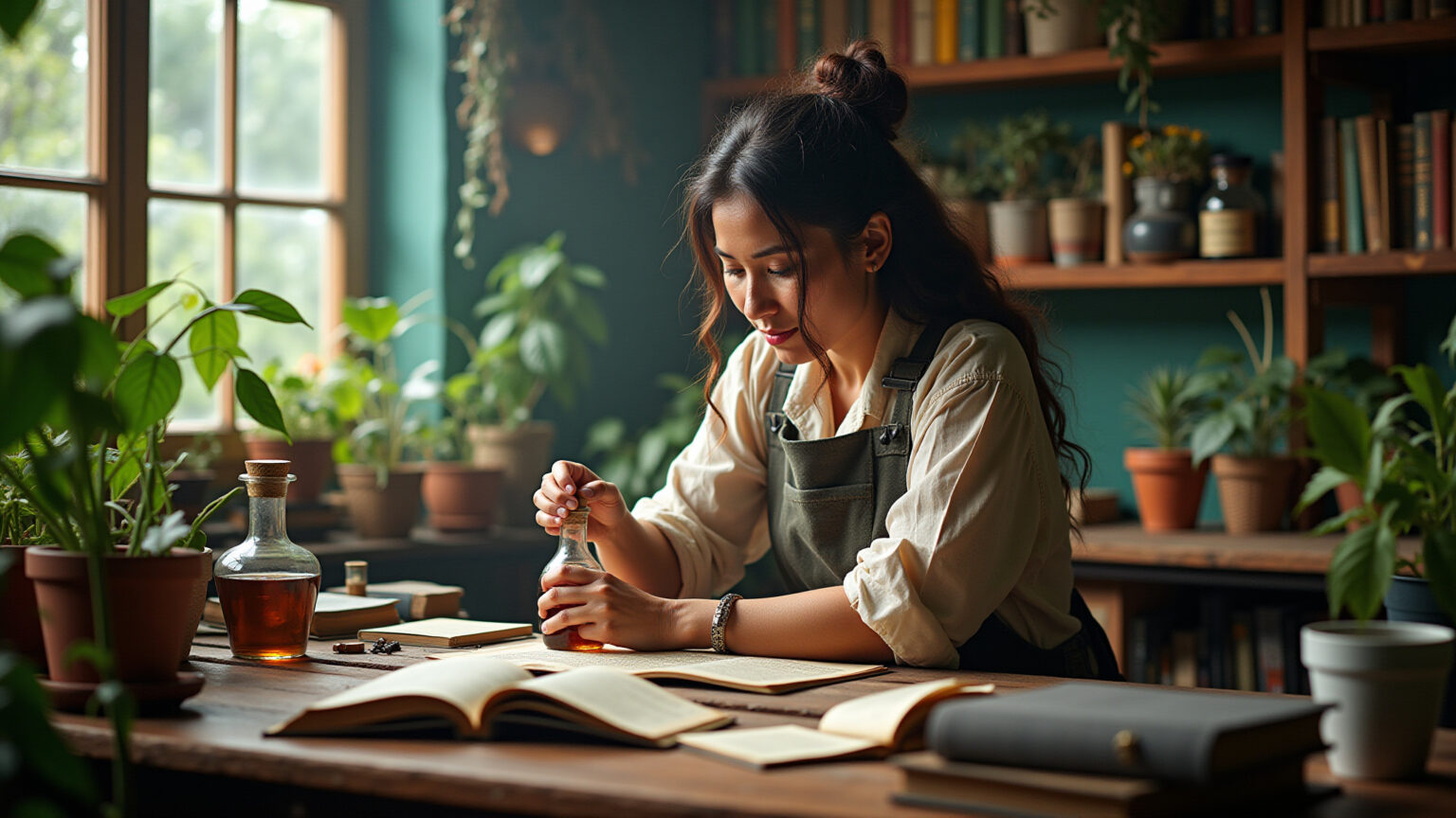 O que é Alquimia? Mais que Transmutação de Metais Alquimista brasileira criando poção mágica em laboratório vibrante.