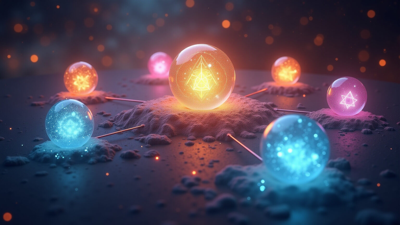 Sete orbes interconectadas representando as Leis Herméticas.