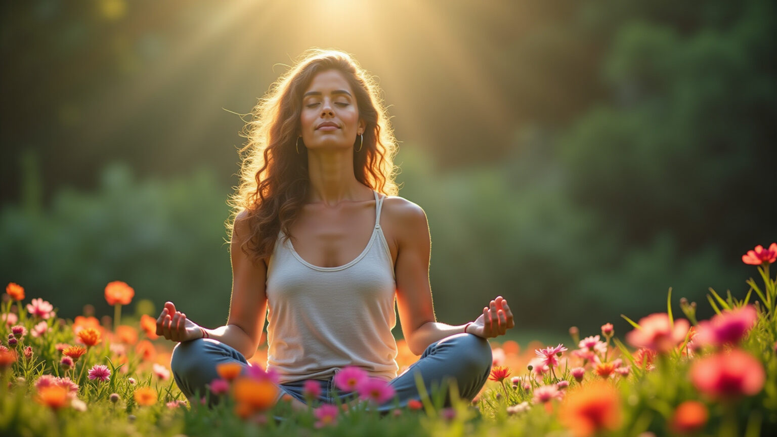 Desvendando o Caibalion: Sabedoria Ancestral ao Alcance de Todas Nós Mulher meditando em jardim brasileiro exuberante, buscando paz interior.