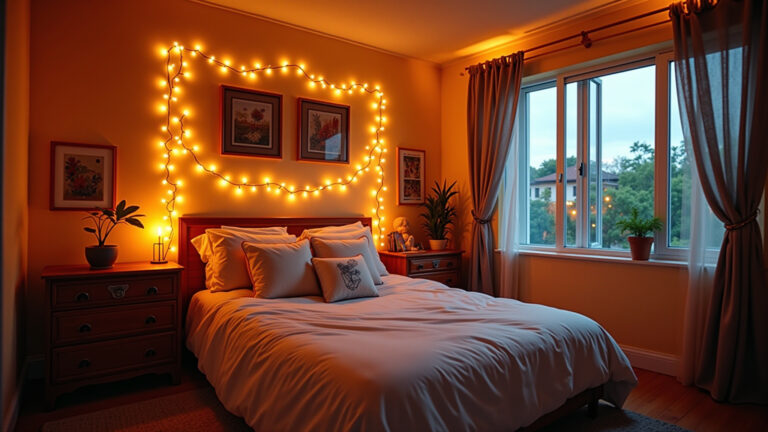 Quarto aconchegante decorado com pisca pisca criando ambiente mágico.