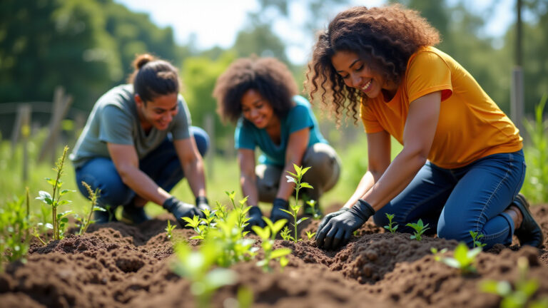 Grupo diverso de brasileiros plantando em horta comunitária.