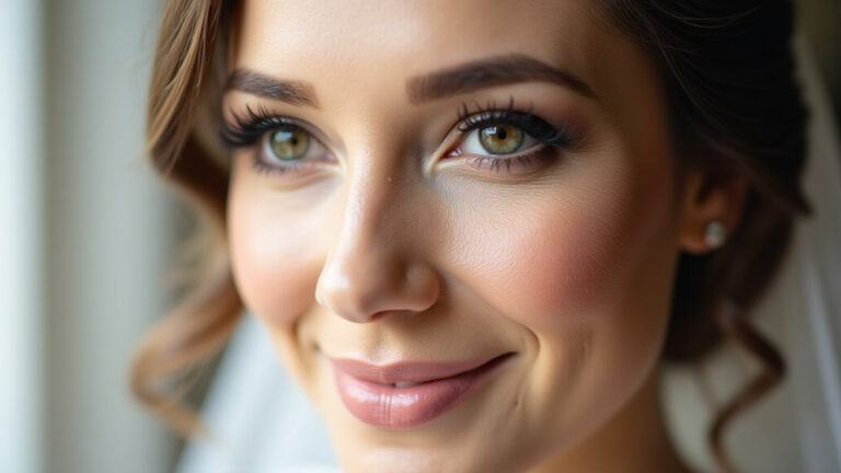 Detalhe da maquiagem elegante e natural de uma noiva, perfeita para o dia do casamento.