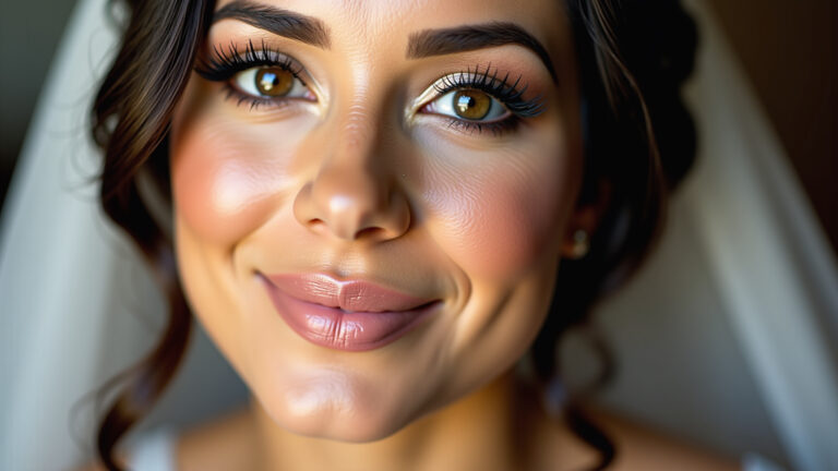 Noiva brasileira radiante com maquiagem leve e natural para casamento simples.