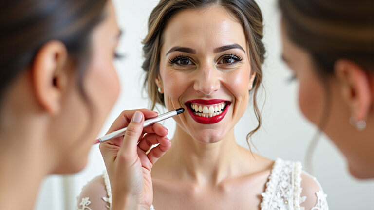 Noiva sorrindo aplicando batom vermelho clássico.