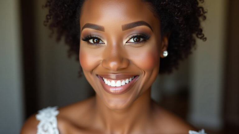 Noiva negra radiante com maquiagem impecável realçando sua beleza natural.