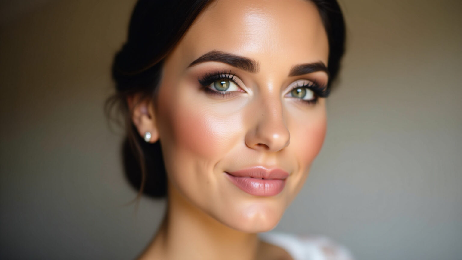 Passo a passo maquiagem de casamento clássica: Elegância Atemporal para o Grande Dia Rosto de noiva com maquiagem clássica de casamento, pele impecável e olhos sutis.