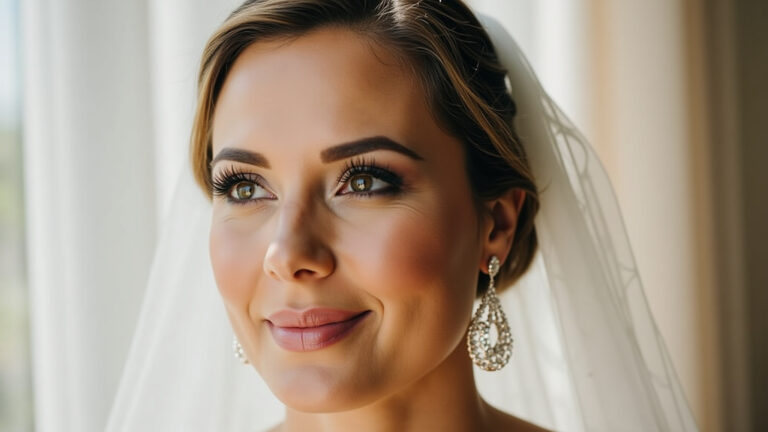 Noiva radiante com maquiagem leve em casamento diurno.