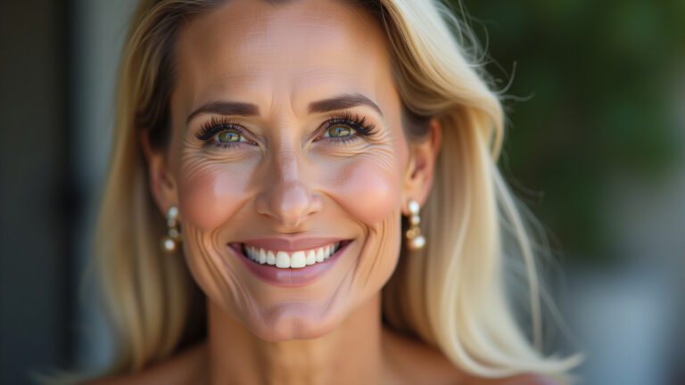 Mãe da noiva sorrindo com maquiagem natural e elegante.